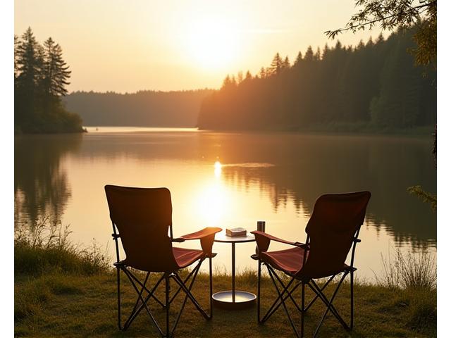 Comfortable camping chair overlooking a serene lake and forest, person relaxing