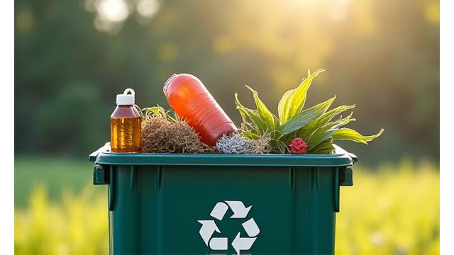 A stylized recycling bin with eco-friendly camping gear (tent fabric, aluminum poles) being sorted into it, against a natural backdrop, symbolizing responsible disposal.