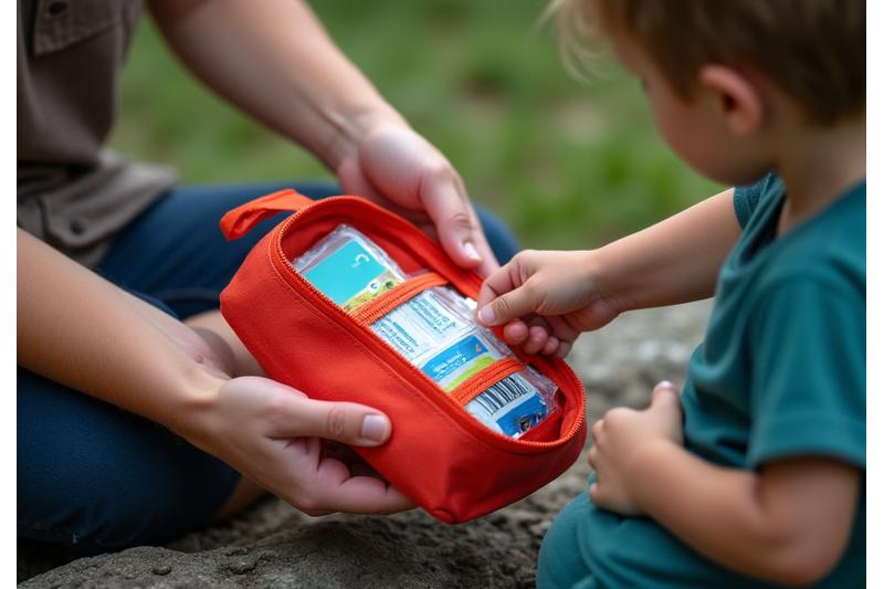 Adult showing a child how to use a small first-aid kit pouch in a safe, outdoor setting.