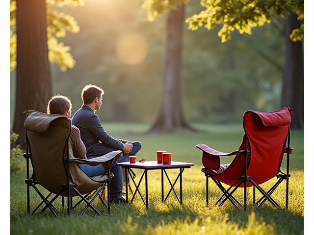 Variety of camping chairs including adults' and small children's chairs around a portable table.