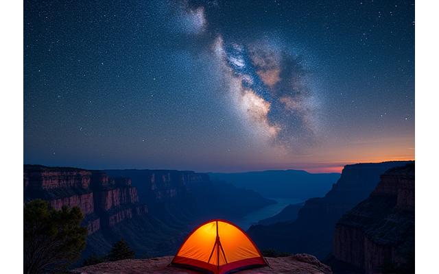 Camping beneath the stars in the Grand Canyon with the vast canyon walls visible.
